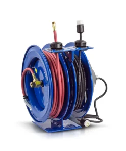 Coxreels Hose Reel 3/8in x 50' Dual Purpose Spring Rewind 300PSI & Single Industrial Receptacle 50' Cord 16 AWG - Bulk Pallet Supply USA